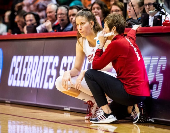 Indiana Head Coach Teri Moren talks with Yarden Garzon (12) during the second half of the NCAA Tournament Second Round game between Indiana and Miami (FL) at Simon Skjodt Assembly Hall on Monday, March 20, 2023.